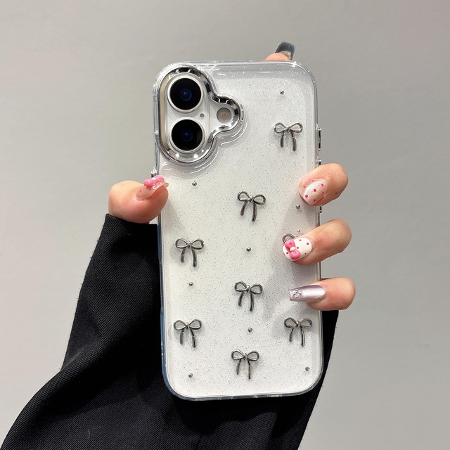 QLTYPRI iPhone 17 用 ケース クリア シルバー ミニリボン おしゃれ 韓国 iphone17 用 ケース 透明 可愛い 耐衝撃 スマホケース 立体 りぼん装飾 きらきら アイフォン17 カバー 対応、シルバー