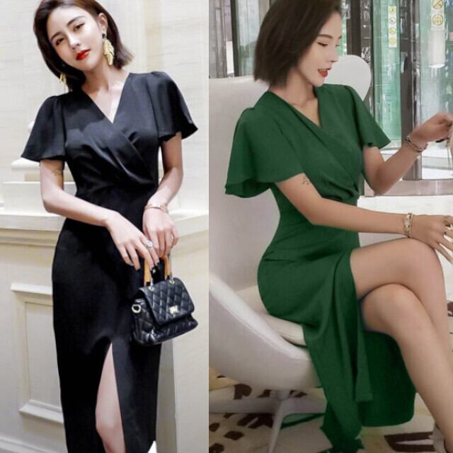 全2色 ブラック/グリーン レディース ワンピースドレス オケージョンワンピ フレアスリーブ カシュクール Vネック スリット S/M/L/XL