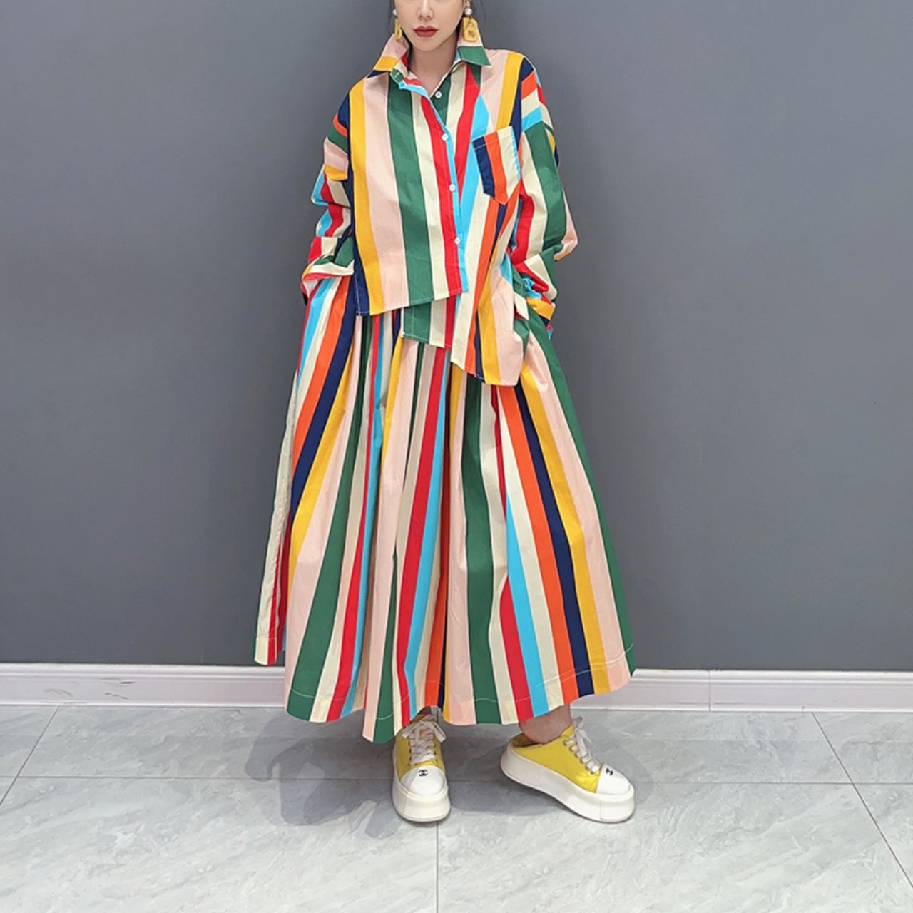 ストライプ柄ボタンダウンシャツ&ロング丈スカートセットアップR0016