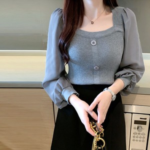シフォン袖 ニット ブラウス トップス レディース 韓国 春夏秋 きれいめ 大人 かわいい オフィス ビジネス 透け感 おしゃれ カジュアル 大人可愛い 大人女子