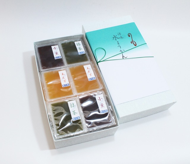 <進物箱>水ようかん　６個入（小豆こし２個・抹茶２個・あんず2個）　手提げ付き