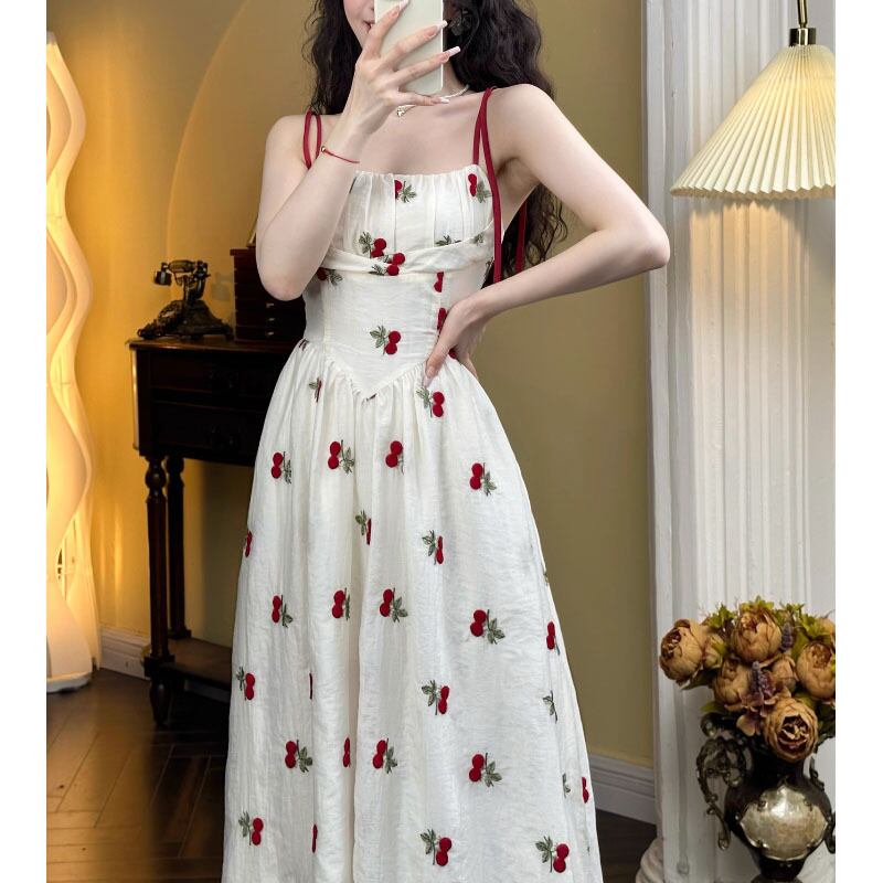 フレアワンピース ミモレ丈 送料無料 ハイウエスト キャミワンピ 花柄