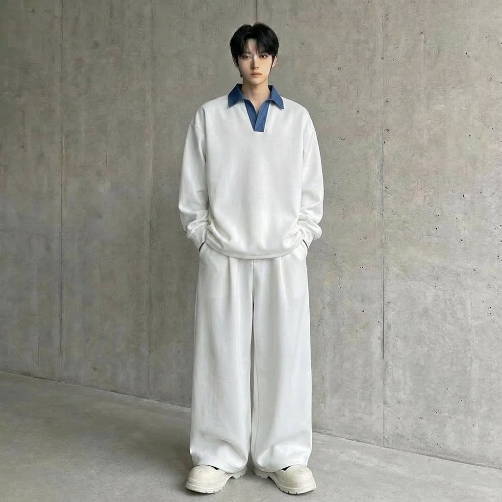 フェイクツーピーススプライシングスウェット&カジュアルワイドレッグパンツセットアップ 2カラー D11924