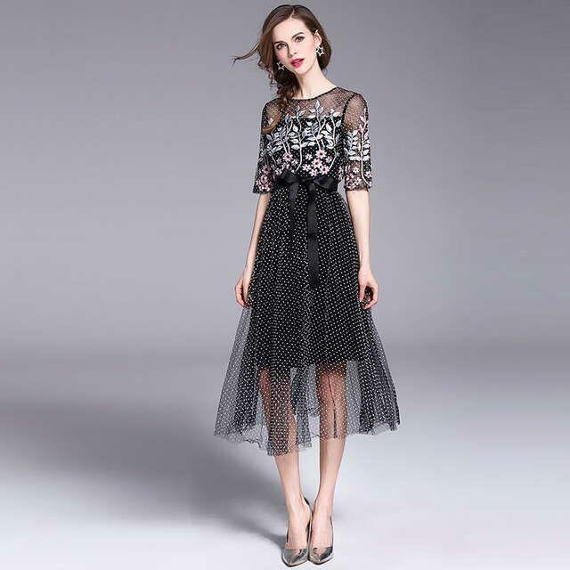 純正特注品 小花柄 プリントコンビワンピース 花柄 お呼ばれ 結婚式 ブラック 黒 ドット