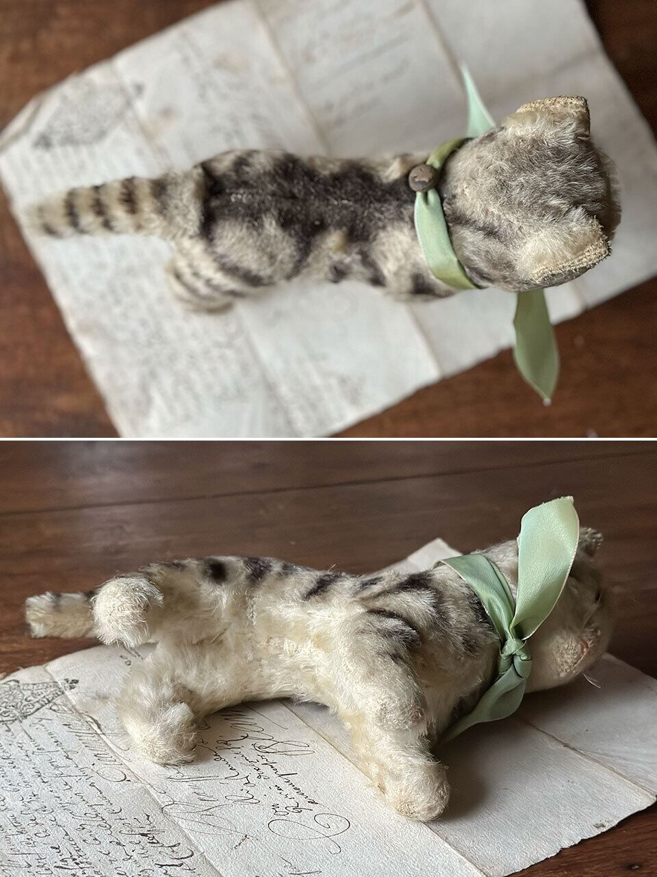 ねこのぬいぐるみ 薄いグリーンの目 リボン 猫 | Brocante de La