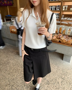 キーネックリブニットポロシャツ 3color A1078