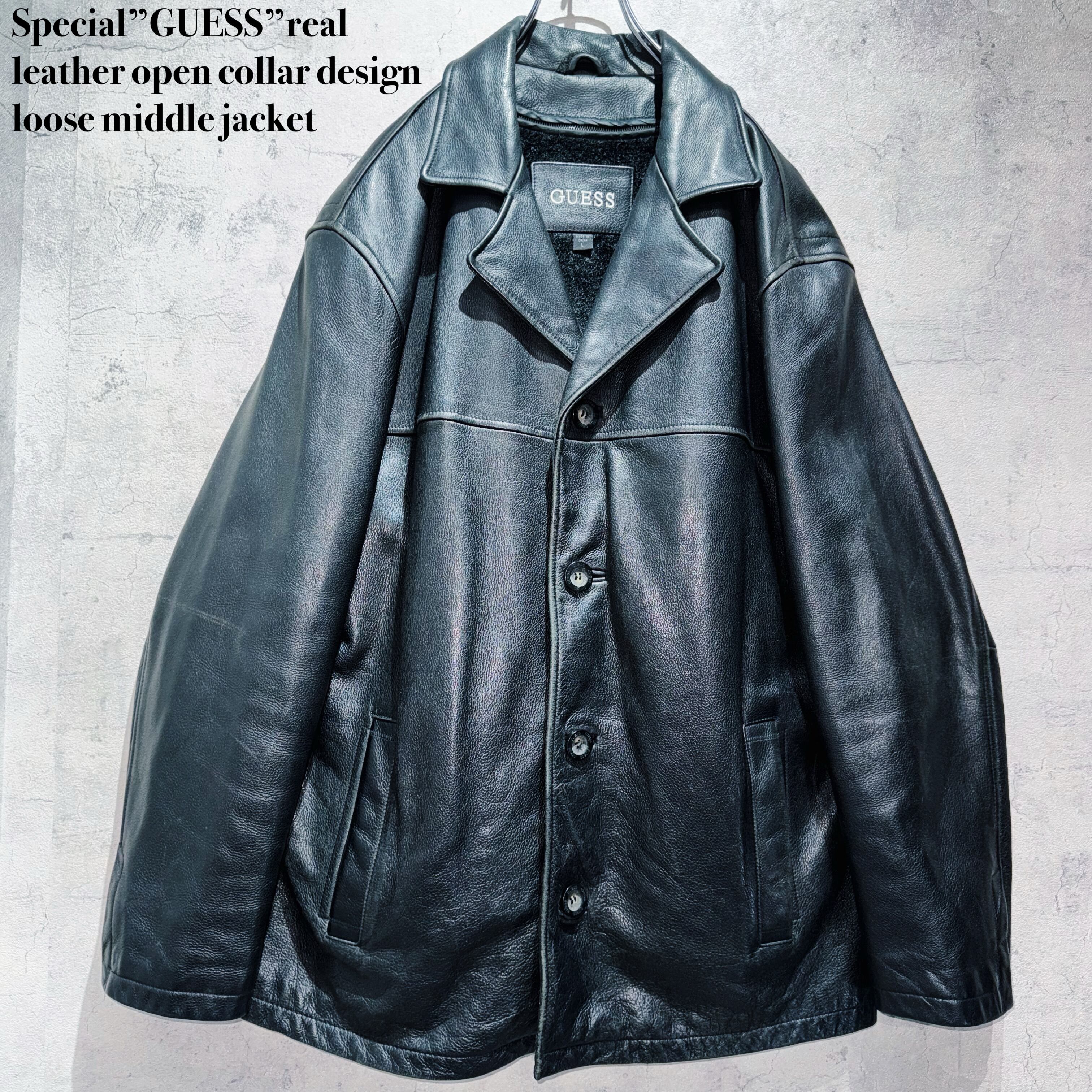 Special”GUESS”real leather open collar design loose middle jacket