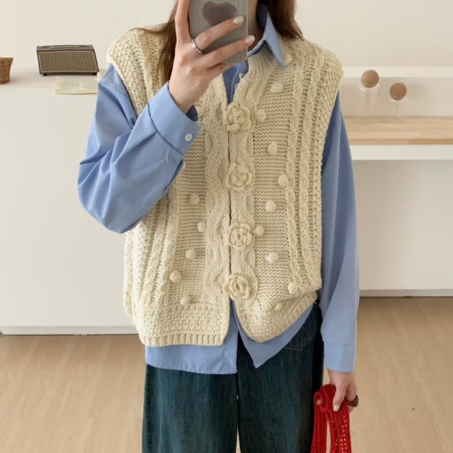 flower ball rain cable knit vest【3color】  e2077