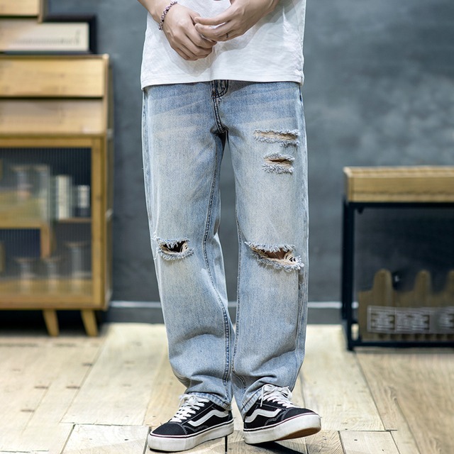 Distressed straight denim pants 00238