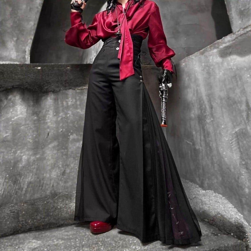 ゴスロリ|静かな威厳を纏う 大人ゴシックのハイウエストワイドパンツ ロングレイヤー|WithU