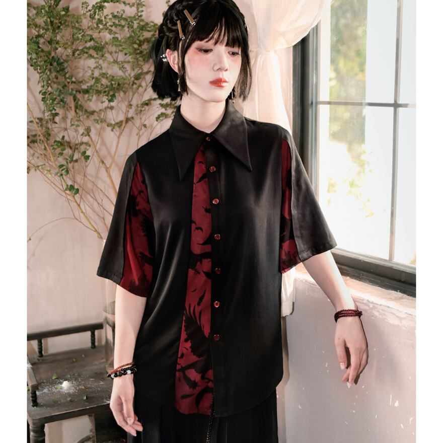 サブカル 服 地雷系 通販 チャイナ風服 古怪舎 半袖シャツ 鴉 プリント バイカラー 中華系ファッション