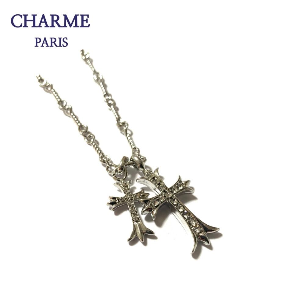 white gold cz diamond 2連charm cross necklace