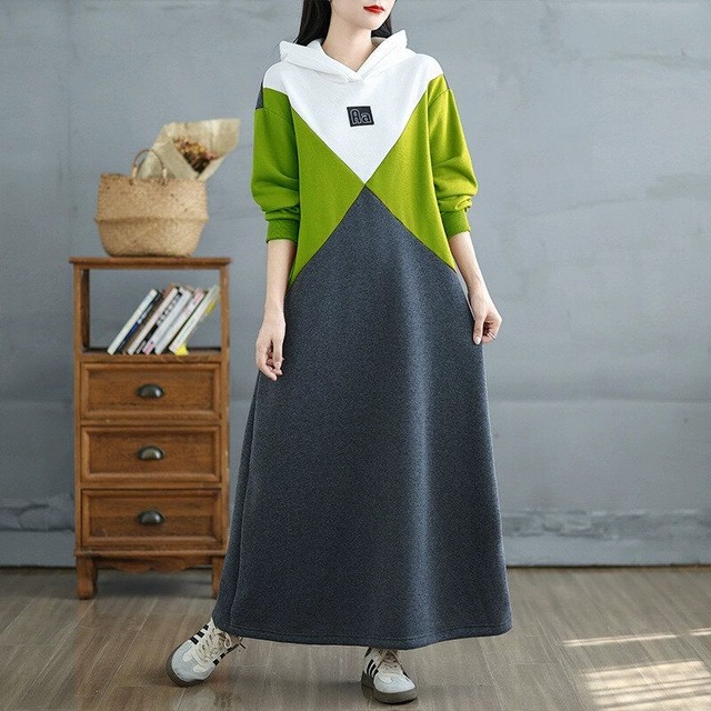 TRICOLOR STITCH HOODED A-LINE LONG SWEAT DRESS 4colors M-15188