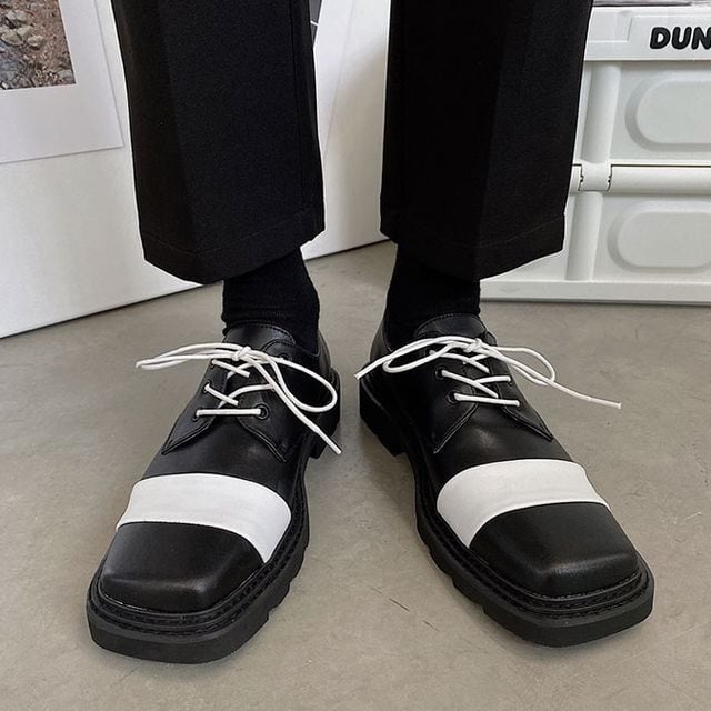 【予約販売】革靴 レザーシューズ スクエアトゥ メンズ ローファー バイカラー シューズ 靴 厚底 ブラック お洒落 カジュアル シック 24cm/24.5cm/25cm/25.5cm/26cm/26.5cm