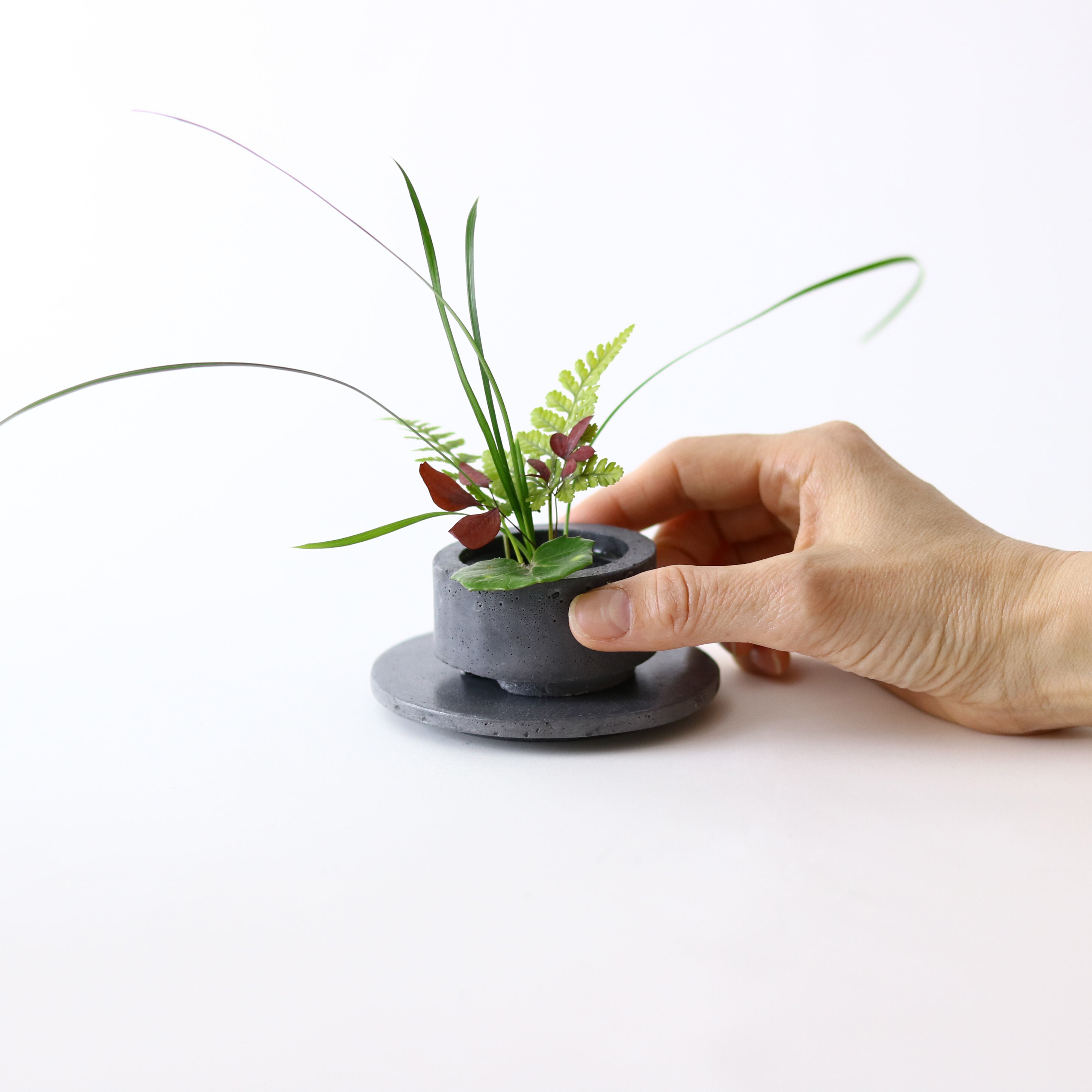 生け花用｜ミニ花器・剣山・円形花台の3点セット 】ライトグレー