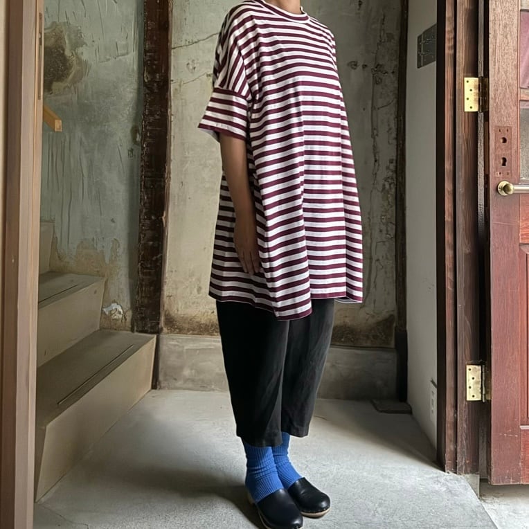 R&D.M.Co-/OLDMAN'S TAILOR GAUZE BORDER OVERSIZE T SHIRT/ガーゼボーダー オーバーサイズTシャツ #7360 PLUM