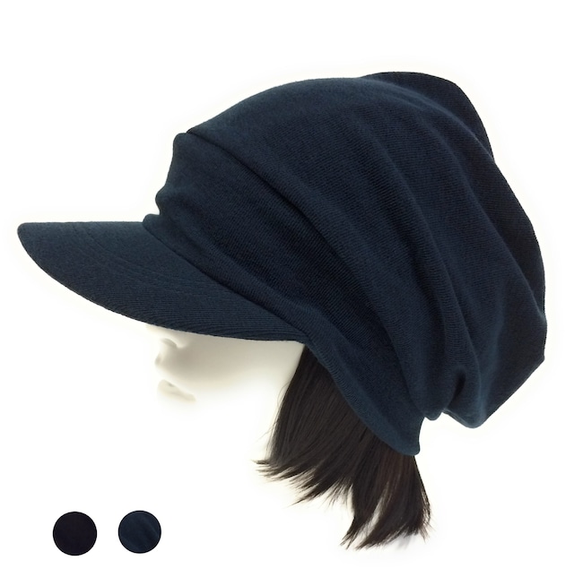 リネン混のクロシェット帽子 つけ毛付き：wig/ミディアムロング/ フリーサイズ