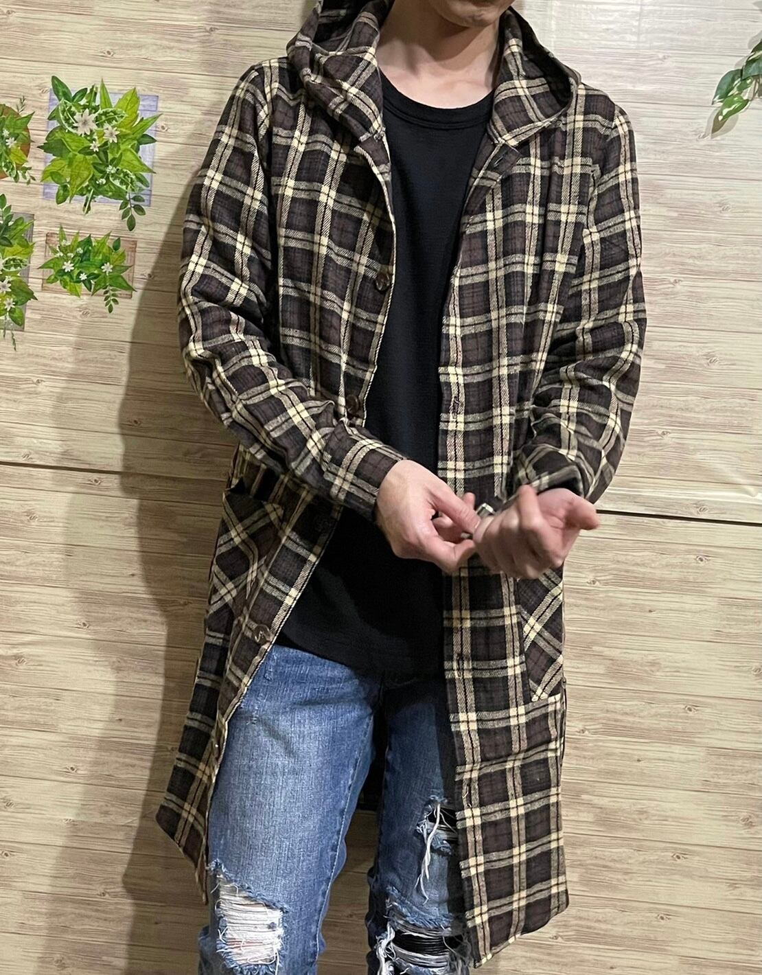 ロングチェックシャツパーカー Brown Blue Work