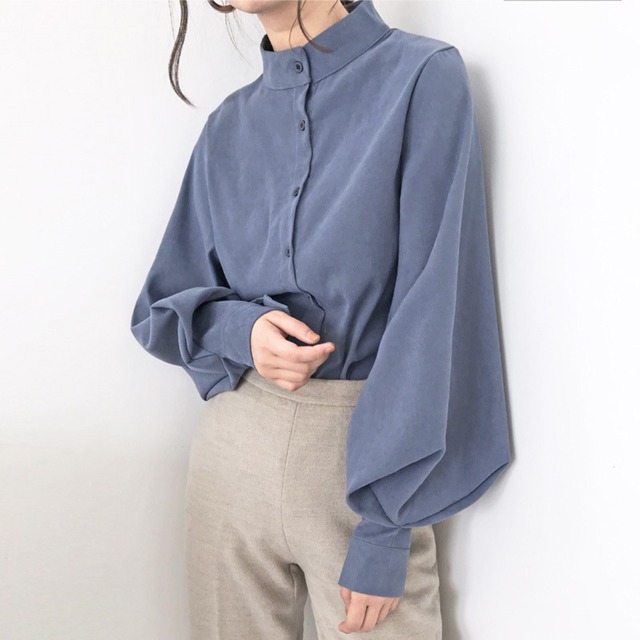 Stand collar elegant lantern sleeve blouse ( 4color )