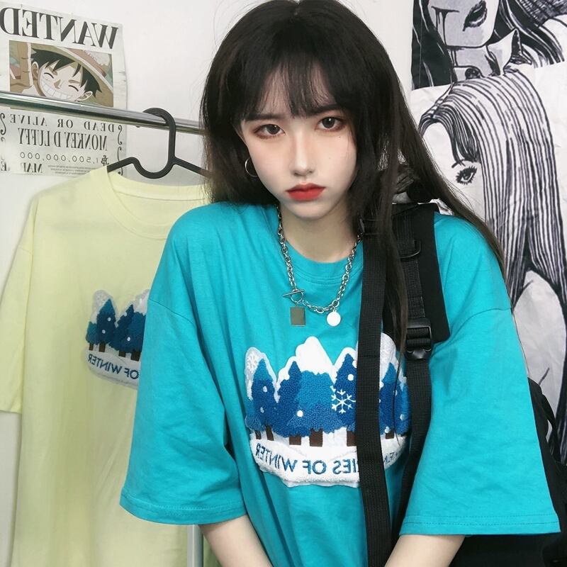 サマーロングプリント柄ルーズTシャツ スタイルラウンドネックトップス かわいい 夏物 Oネック ケッペル64857905644