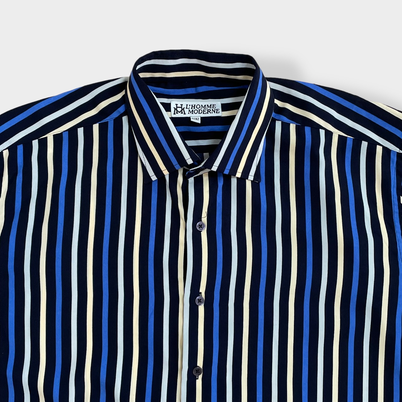 【L'HOMME MODERNE】ストライプシャツ 長袖シャツ ポリシャツ カジュアルシャツ マルチカラー アースカラー XL相当 ビッグシルエット US古着