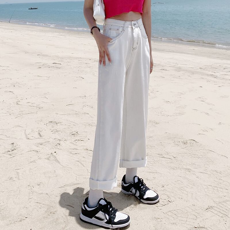 ホワイトジーンズ ルーズスプリングオータムハイウェストウェストワイドレッグパンツ ストリート 春物 秋物 ワイドパンツ 試着室44038234211
