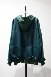 SAXONY green leather hooded half zip jacket