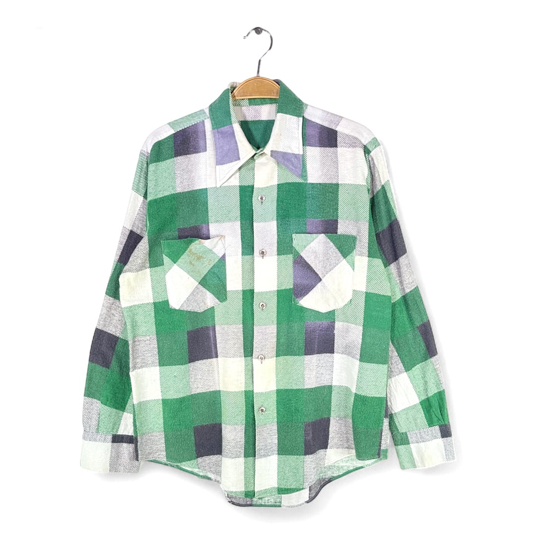 70s ブロックチェック ヴィンテージネルシャツ プリントネル ライトネル 緑黒白 サイズM相当 古着 @CA1484