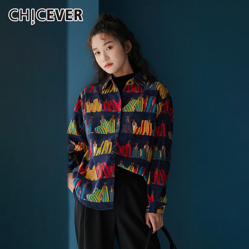 CHICEVERプリントシャツレディースラペル長袖ヒットカラールーズコーデュロイストリートウェアブラウス2021秋 ロング オータム 秋物 6base542921955990