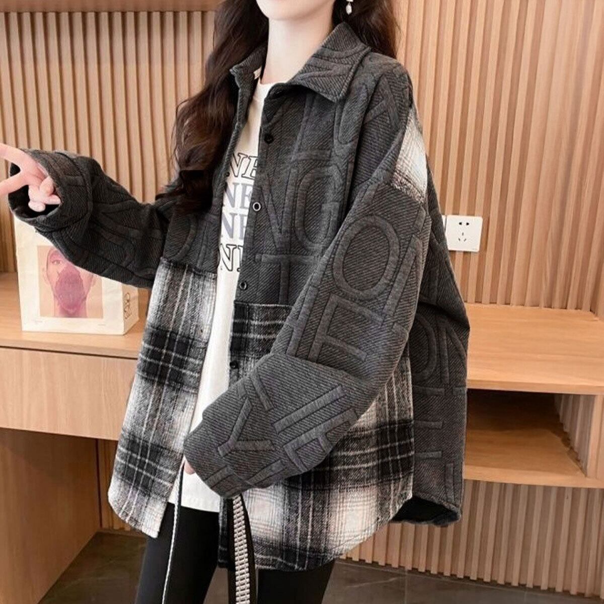 チェック柄 スウェット ジャケット レディース 秋冬 韓国 アウター 大人 カジュアル おしゃれ アメカジ ゆったり オーバーサイズ 体型カバー 羽織り トップス シャツジャケット 大人可愛い 大人女子