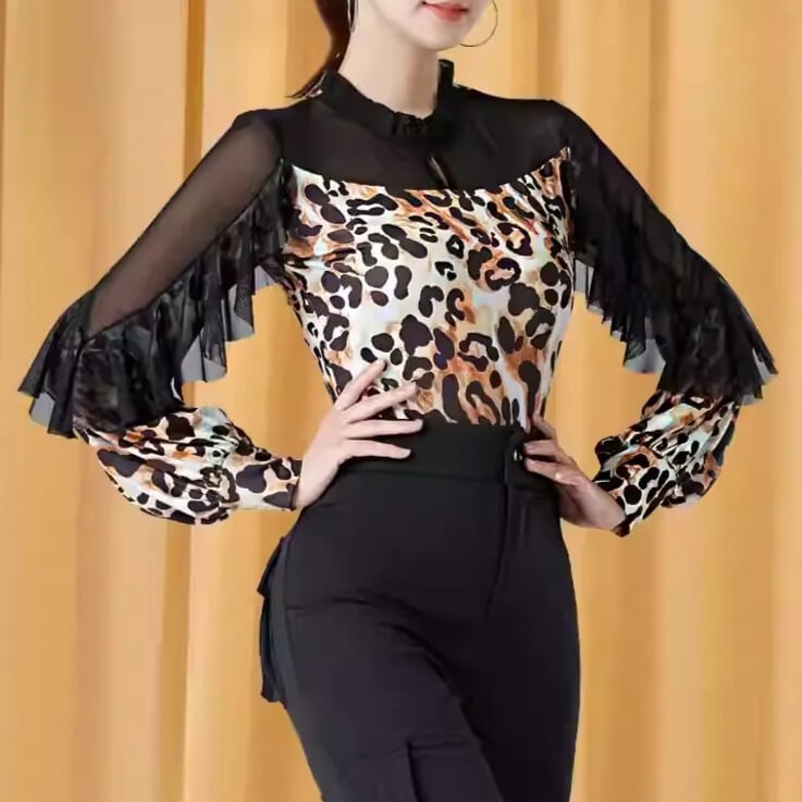 フリンジ ロングスリーブ ギャザーネック ダンスブラウス ds1126