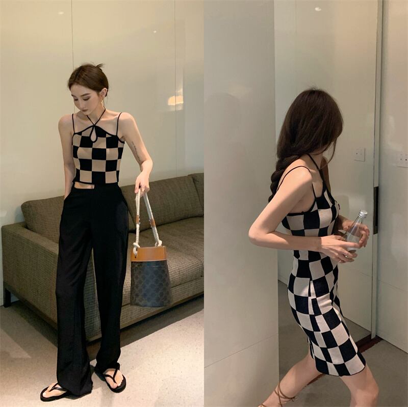 格子柄ドレス ウェストショートスカート サマーホルター 夏物 ブラックストロベリース35191912238