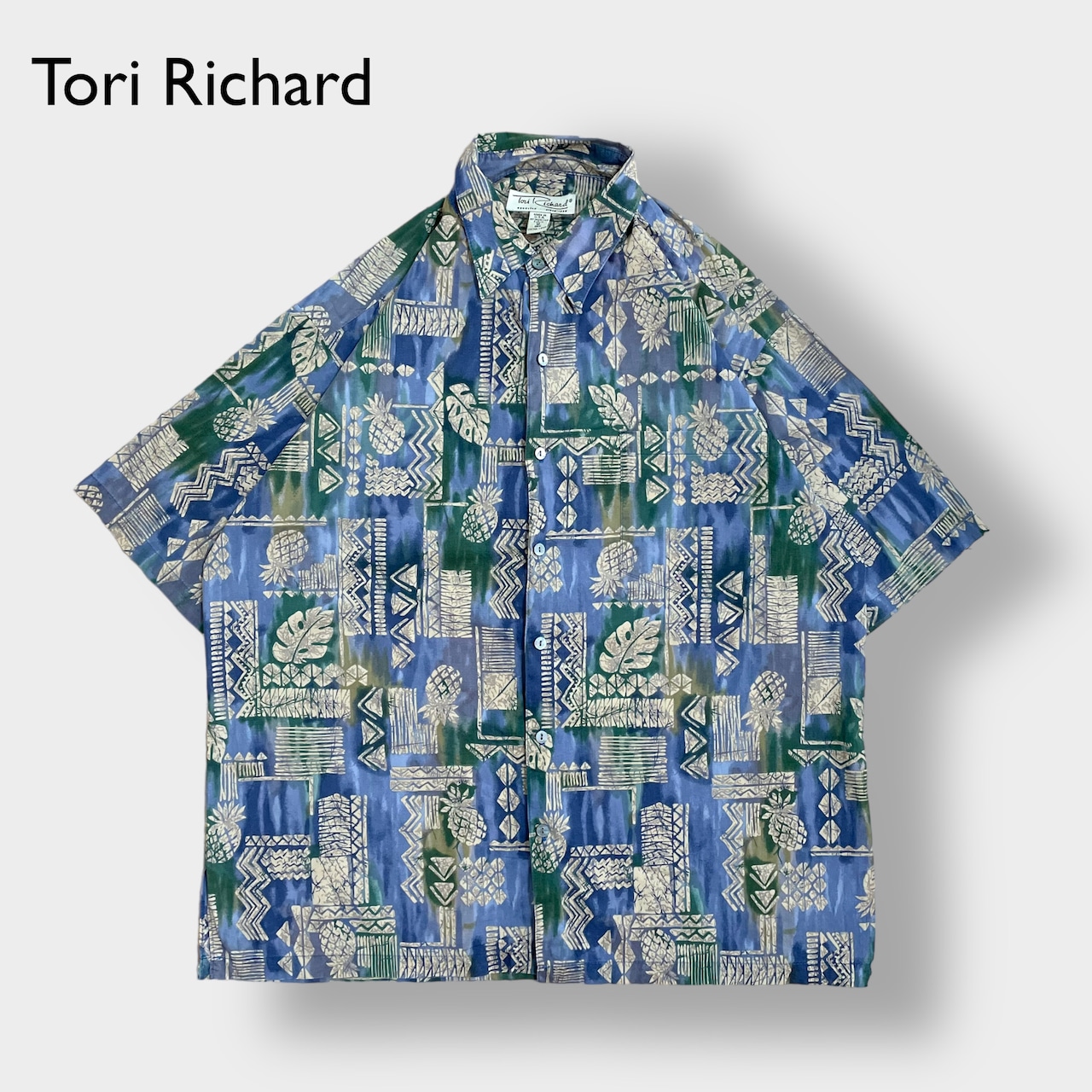 【Tori Richard】USA製 アロハシャツ ハワイアンシャツ 半袖シャツ 個性的 柄シャツ 総柄 柄物 オールパターン パイナップル コットン MEDIUM トリリチャード US古着