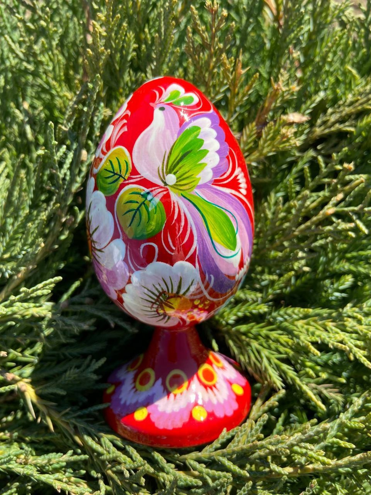 ペトリキウカ塗り　木製プィサンカ・スタンド一体型（イースター・エッグ）9cm（ホメンコ作） - 1