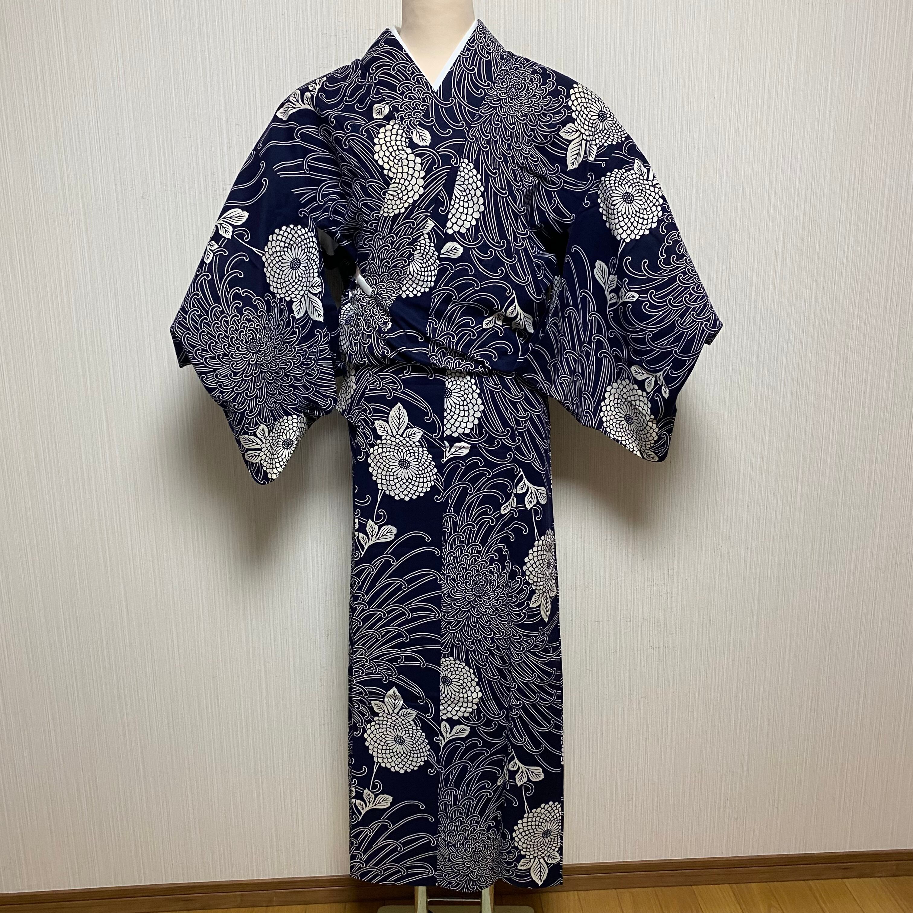 美品✨レディース 浴衣 大輪 菊花文様 濃紺色 昭和レトロ 夕涼み 花火