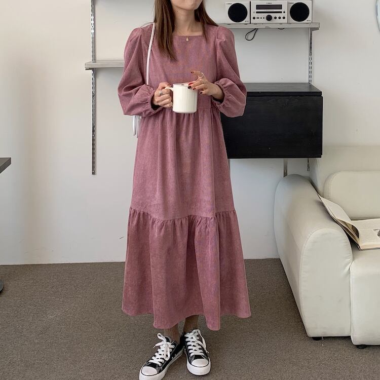 ランタンスリーブ コーデュロイ ワンピース ロングスカート スクエアネック