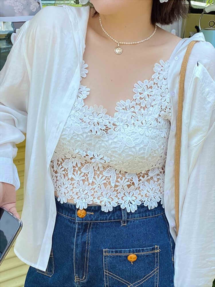 花柄総レース見せキャミソール 大人かわいい フェミニン Vネック 重ね着 カップ付き 大きいサイズ 韓国 CH4544