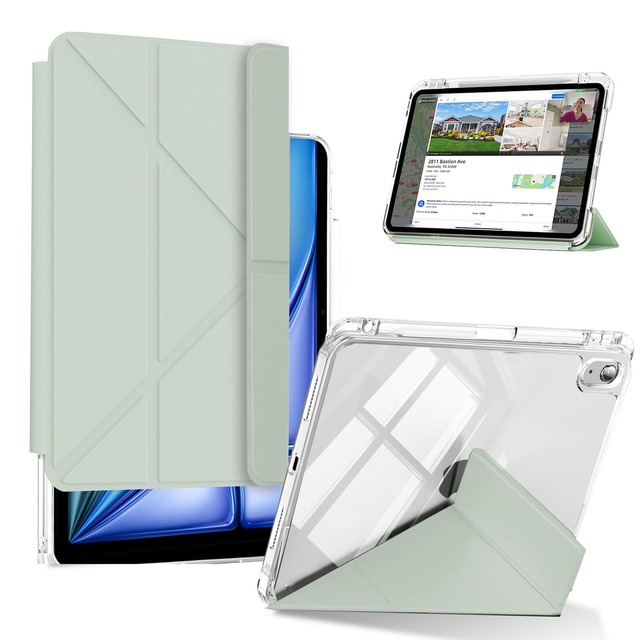KeeFos ケース iPad Air M4/M3/M2(2026/2025/2024 第8/7/6世代) 11インチ、iPad Air 10.9 インチ(第5/4世代、2022/2020) 対応 透明 PC/TPU 保護カバー 取り外し可能 多機能スタンド 横置き 縦置き ペントレイ付き 保護ケース (グリーン)