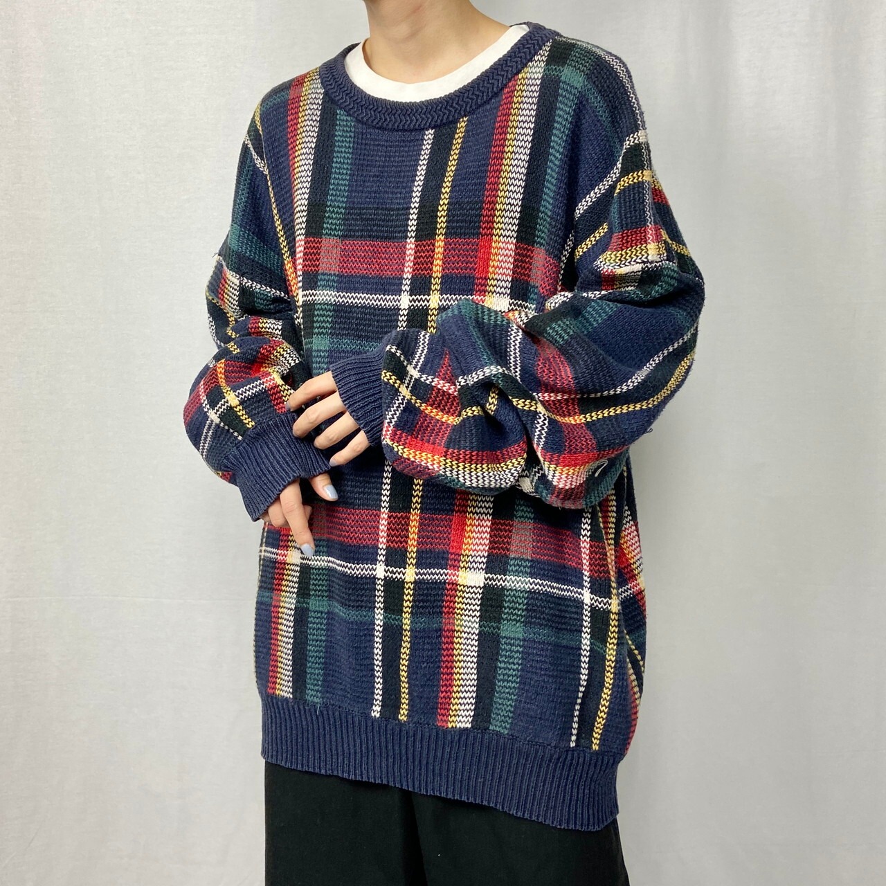90年代 BOSTON TRADERS チェック柄 ラミー×コットンニットセーター 
