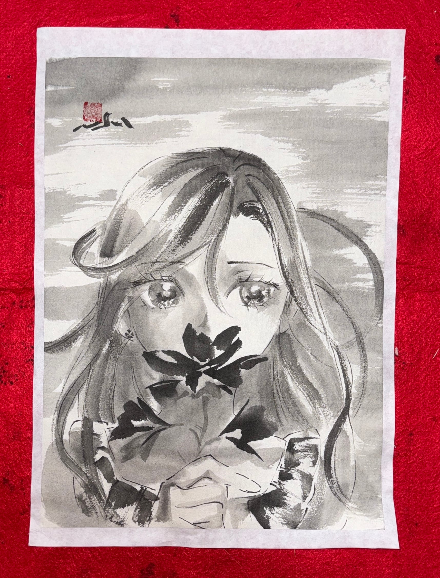 美人画 肉筆画 墨絵 水墨画 原画 現品限り #手 #花 | PAY ID