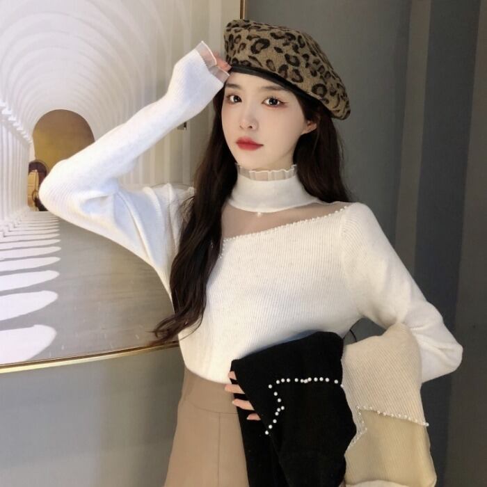 セーター ルーズオータムウィンターレーススリムトップス ロング 大人ガーリー スウィート キュート カジュアル 秋物 冬物 1号婦人38148851369