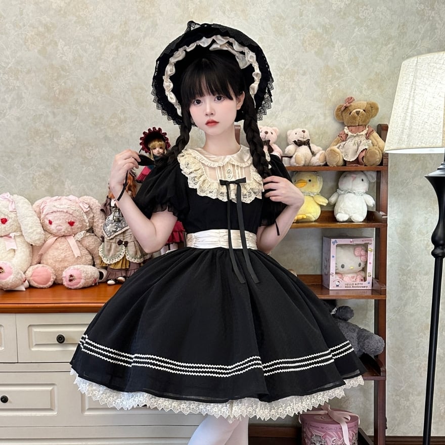 夜の祈りを捧げる 耽美なゴシックロリータドレスとボネットセット |WithU