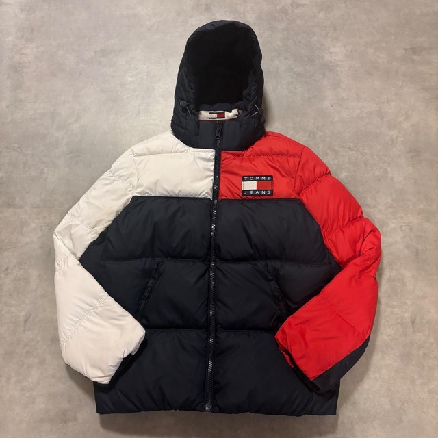 トミージーンズ ヒルフィガー ダウンジャケット フード 古着 L 紺 16537