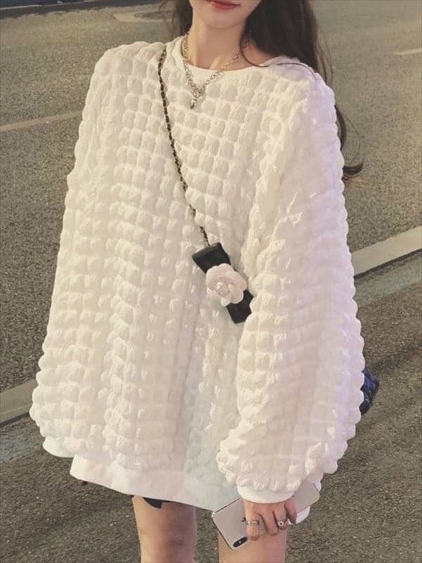 モコモコスウェット ラウンドネック 長袖 バットスリーブ ワッフル 可愛い オルチャン ブラック ホワイト 大きいサイズ 韓国 CH3173