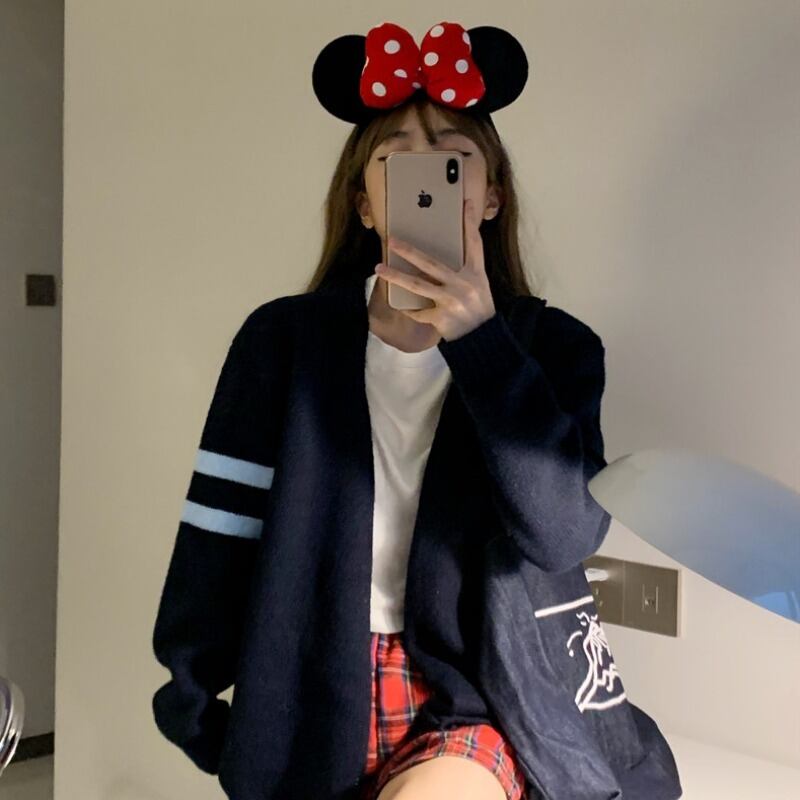 スタイルカーディガンジャケット ネイビーブルールーズセーター スプリングオータムトップス 春物 秋物 萌量不足33738065215