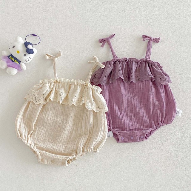 【BABY】肩リボン甘めレースフリルキャミソールロンパース - 1