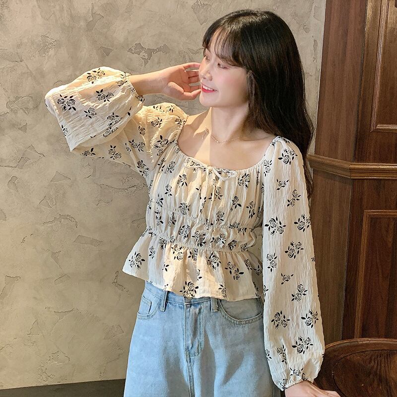 ショートオータムスタイル ロング ブラウス 秋物 花柄 スクウェア 萌量不足438546950