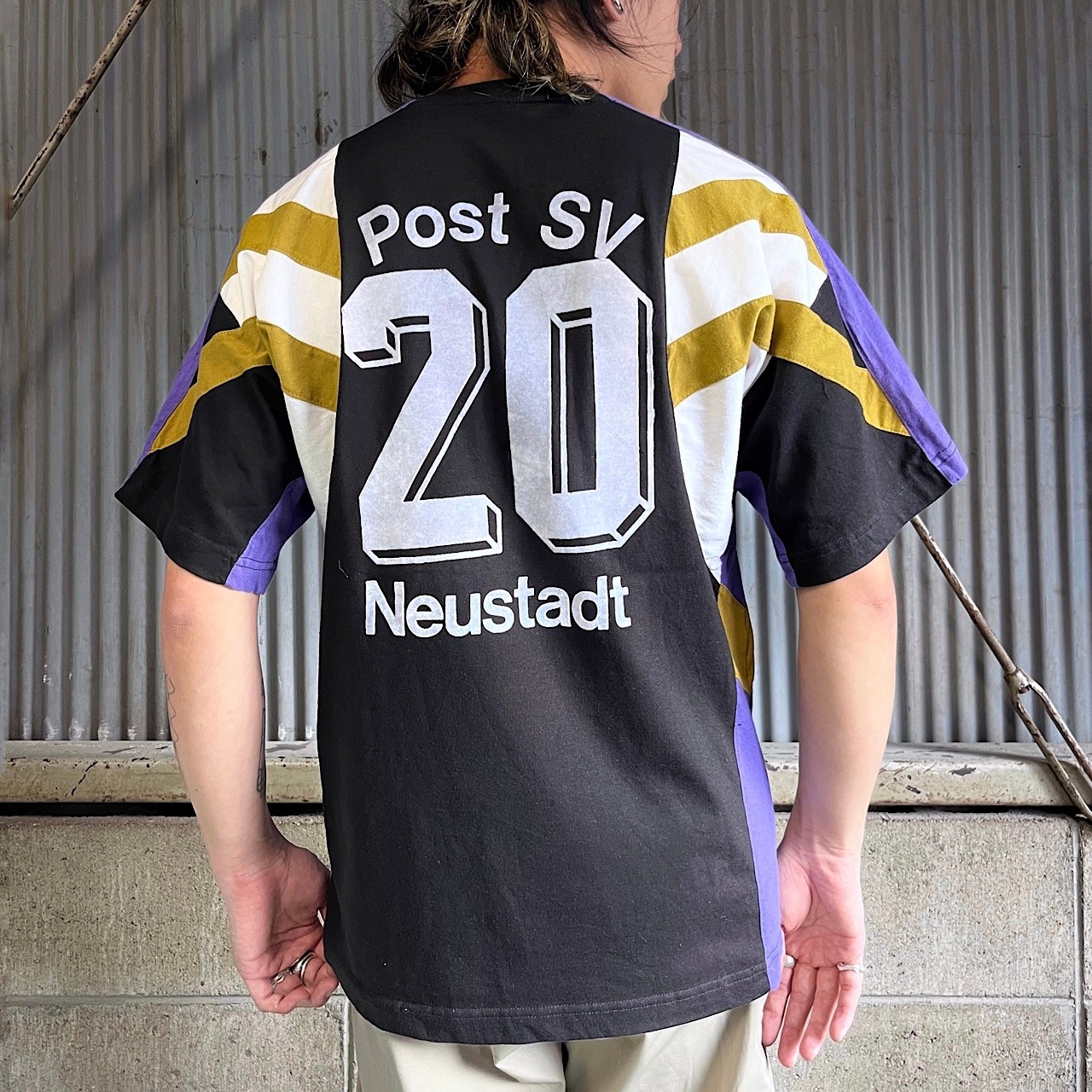 80年代 adidas アディダス 切替 サッカー フロッキープリントTシャツ 