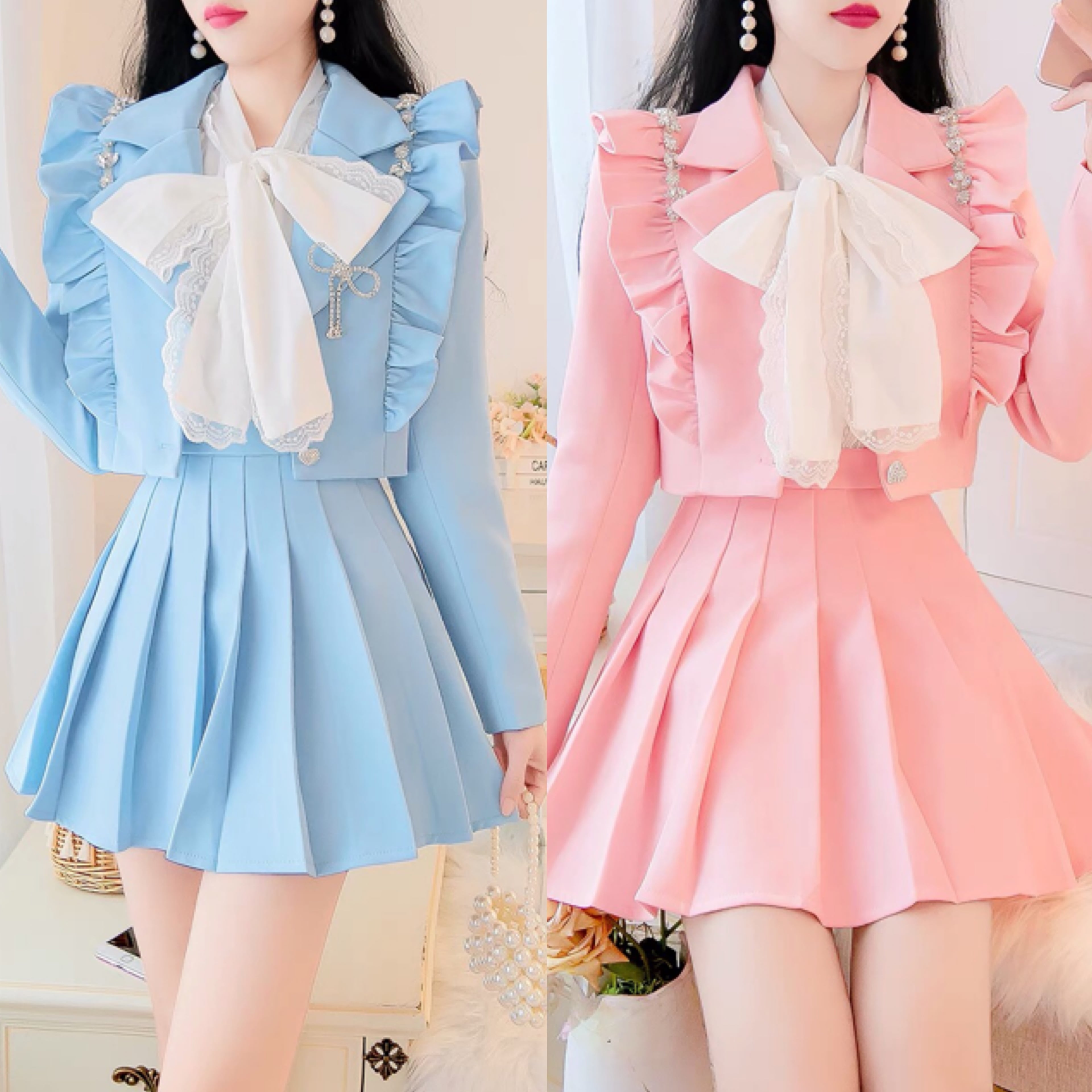 3セット】ピンク 水色 ブラウス ガーリー セットアップ スーツ リボン