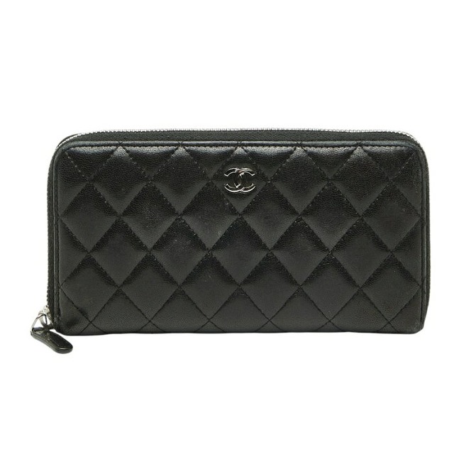 シャネル マトラッセ ココマーク ラウンドファスナー 長財布 ブラック ラムスキン レディース CHANEL 【中古】